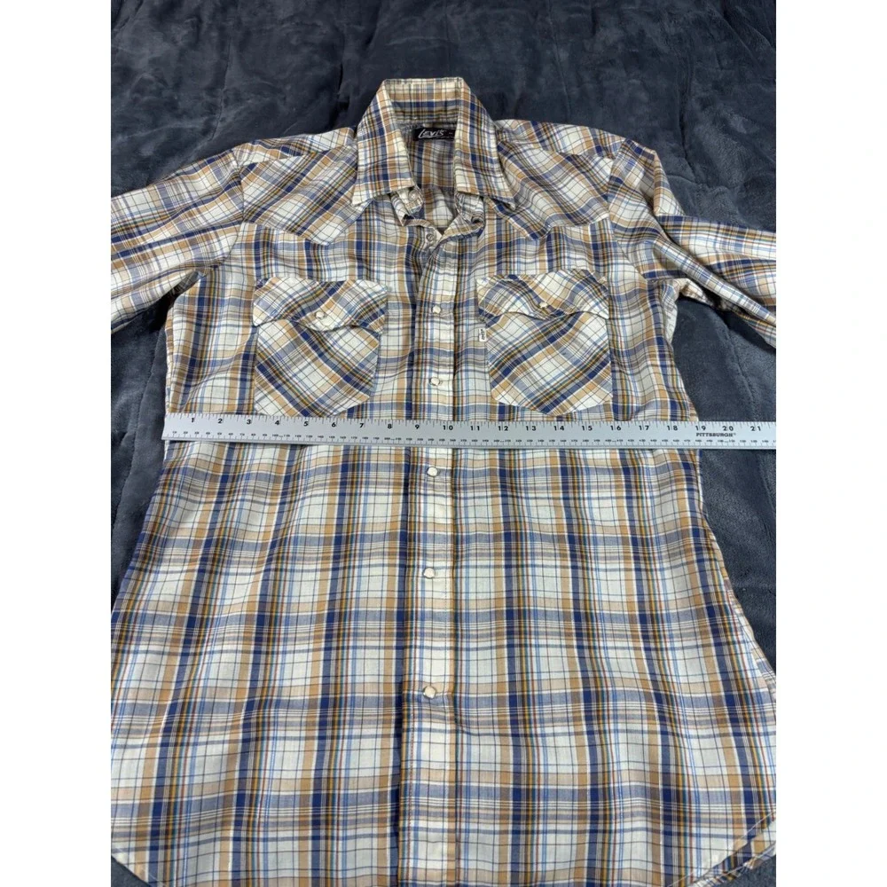 Levis Mens Regular Fit Western Pearl‎ Snap Plaid Long Sleeve Shirt Blue Tan M